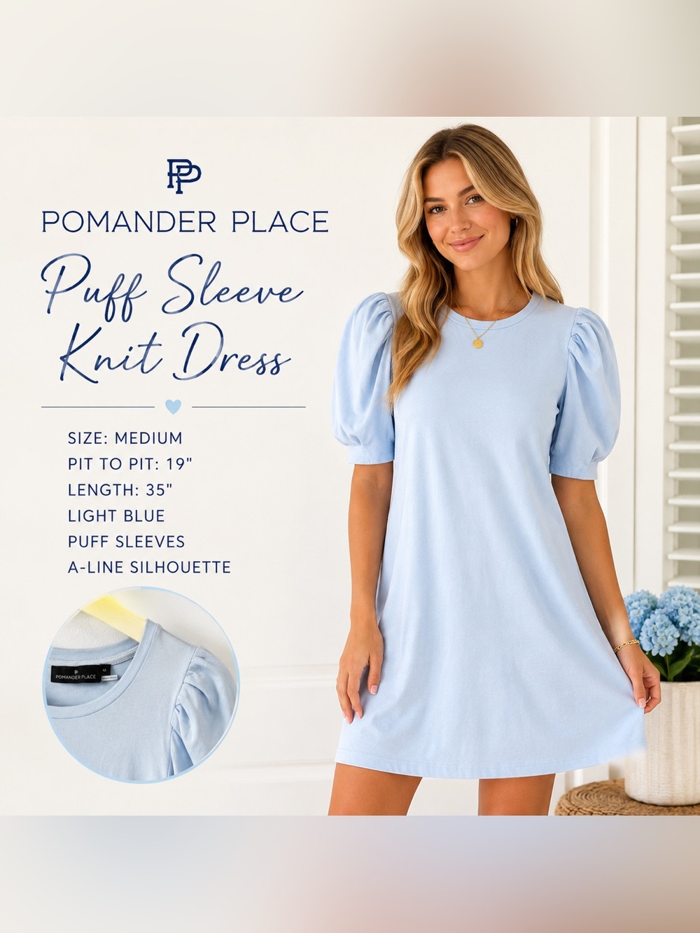 Pomander Place Puff Sleeve Knit Dress Light Blue Size Medium